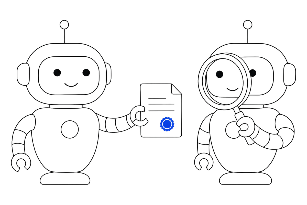 The robot hands a sealed note to another robot, who checks it through a magnifying glass