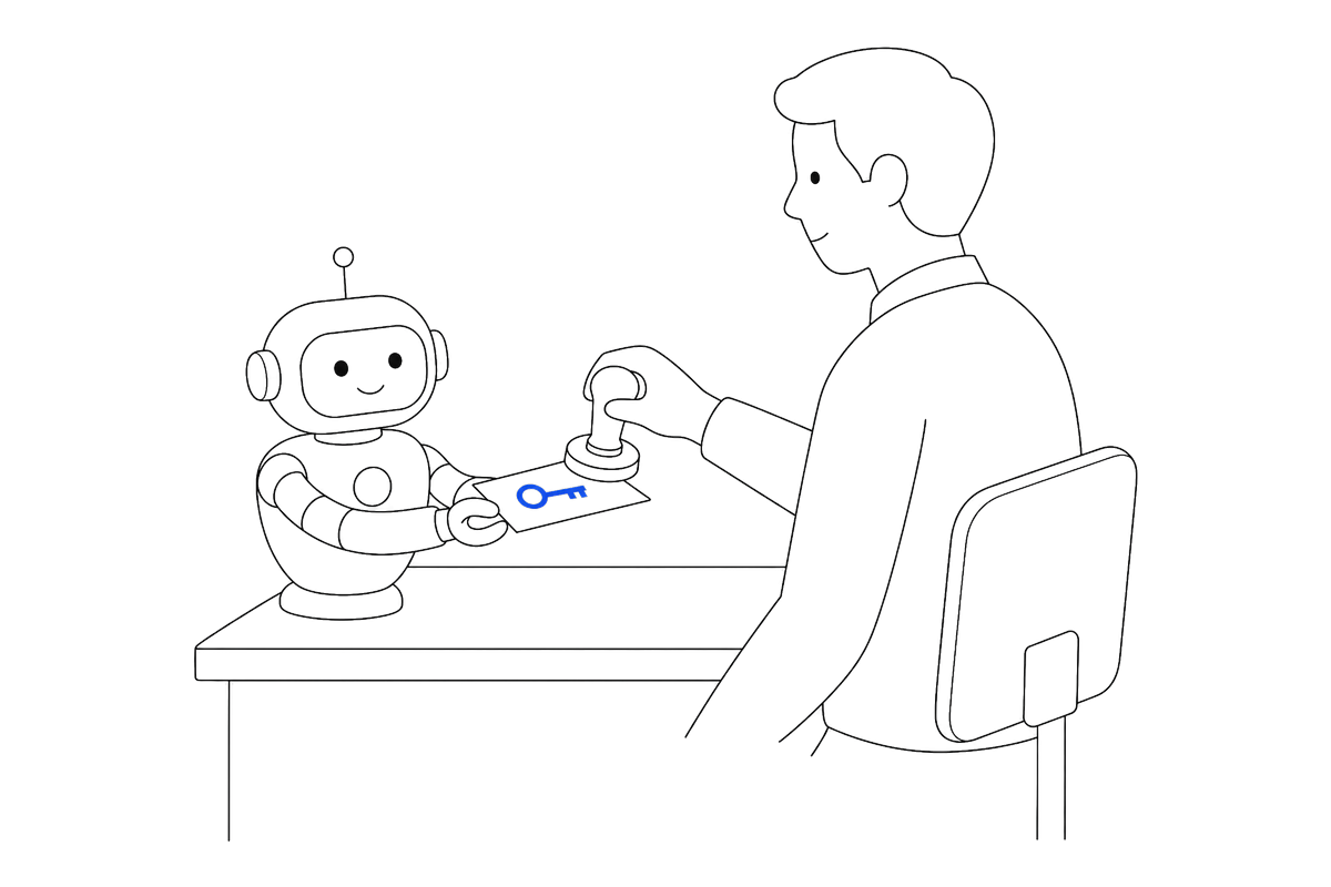 A person at a desk stamps a card the robot holds out, a key drawn on the card