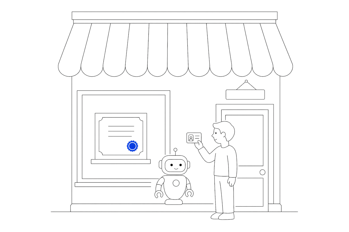 A person shows an identity card beside a shop with a sealed certificate in its window, the robot standing by
