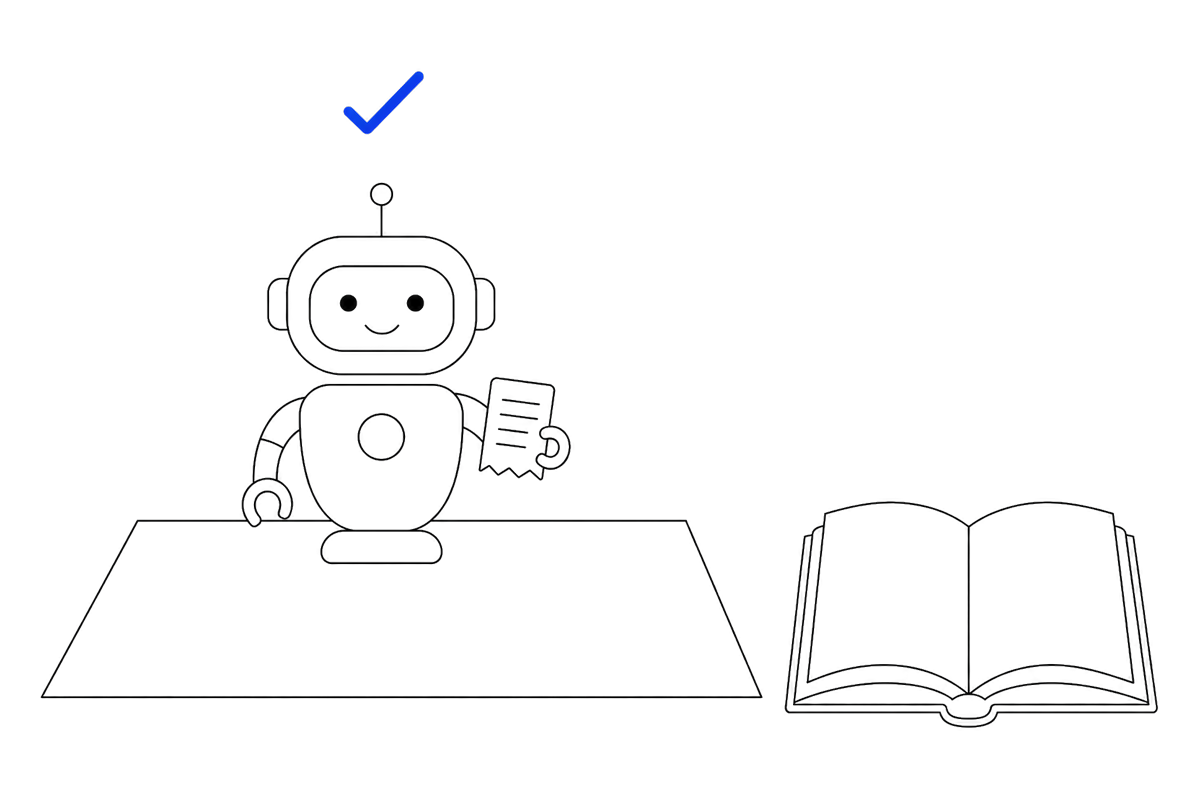 A robot stands inside a marked area holding a receipt, beside an open ledger