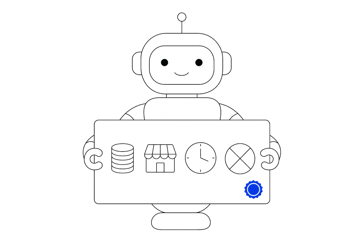 A robot holds up a card with a coin stack, a shop, a clock and a crossed circle on it