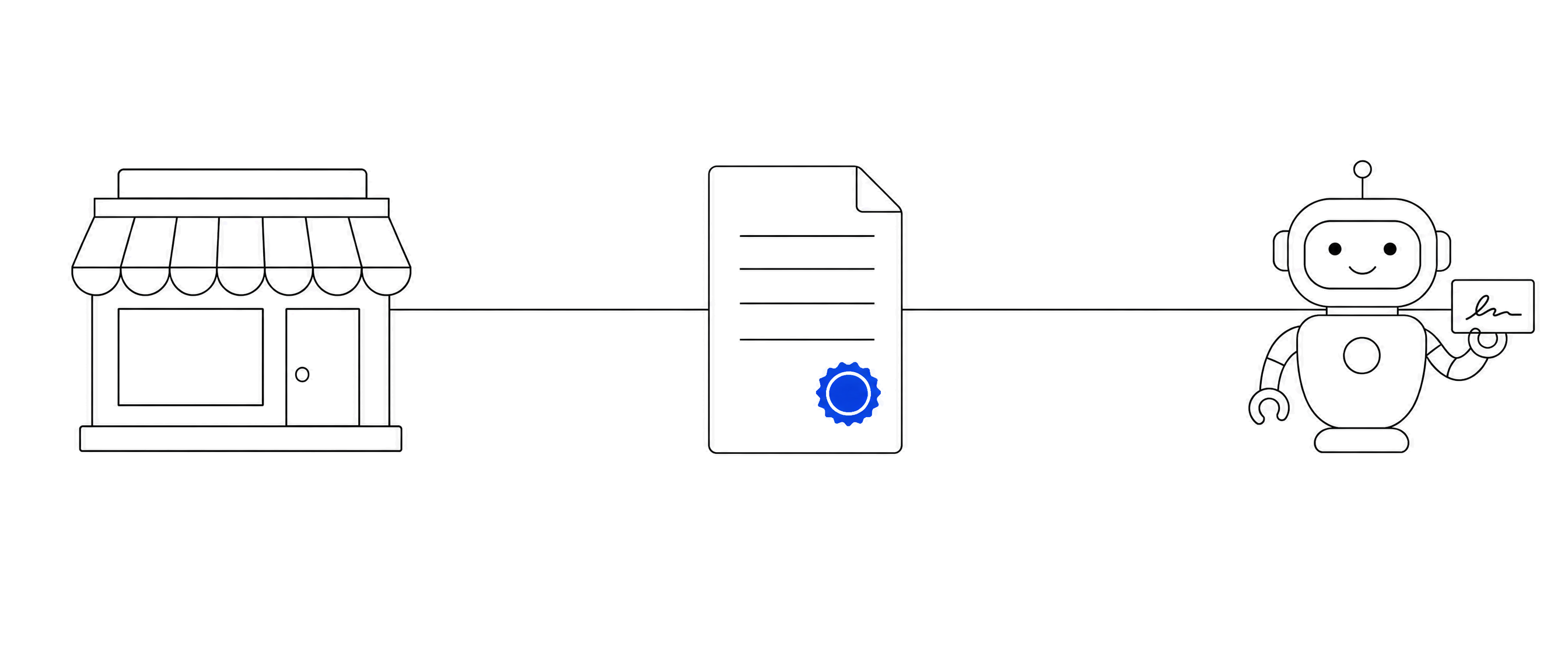 A shopfront, a sealed certificate, and a signed card held up by a robot, joined by a line